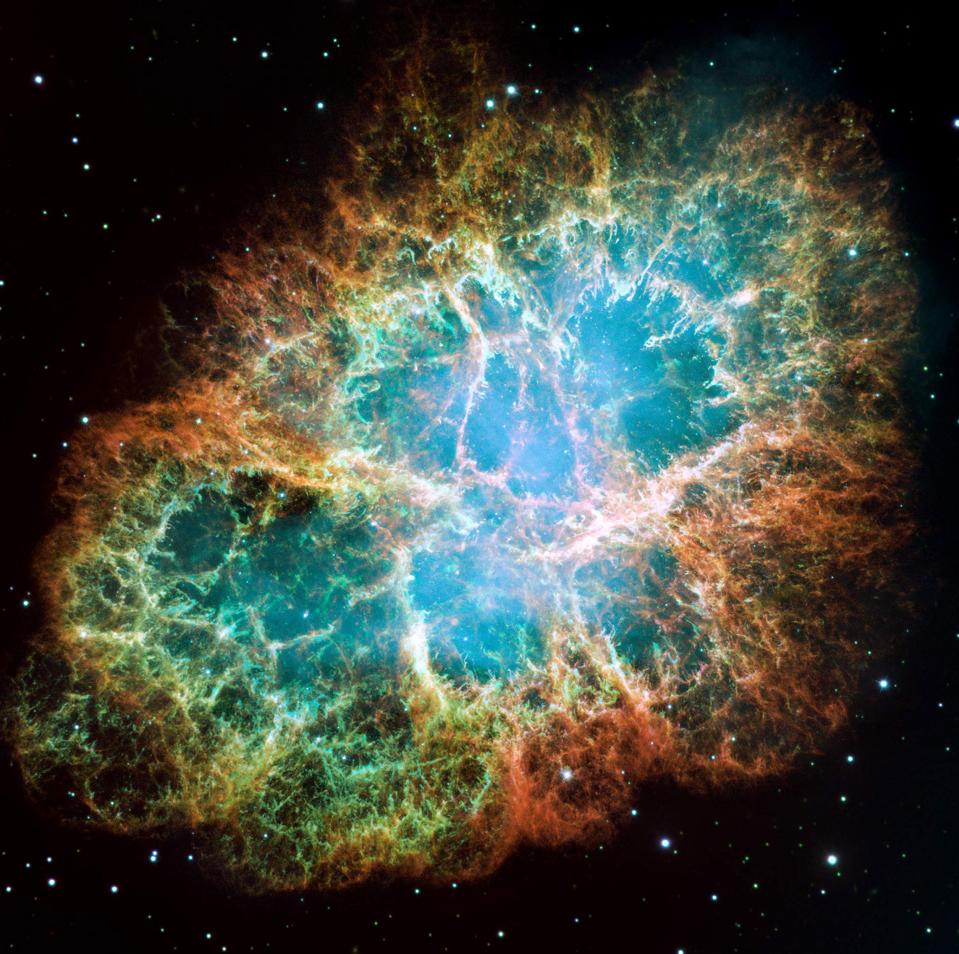 An optical composite/mosaic of the Crab Nebula as taken with the Hubble Space Telescope.