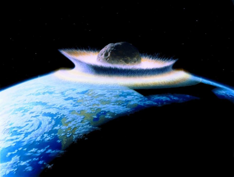 Illustration by NASA's Don Davis of a large asteroid-like body striking Earth.