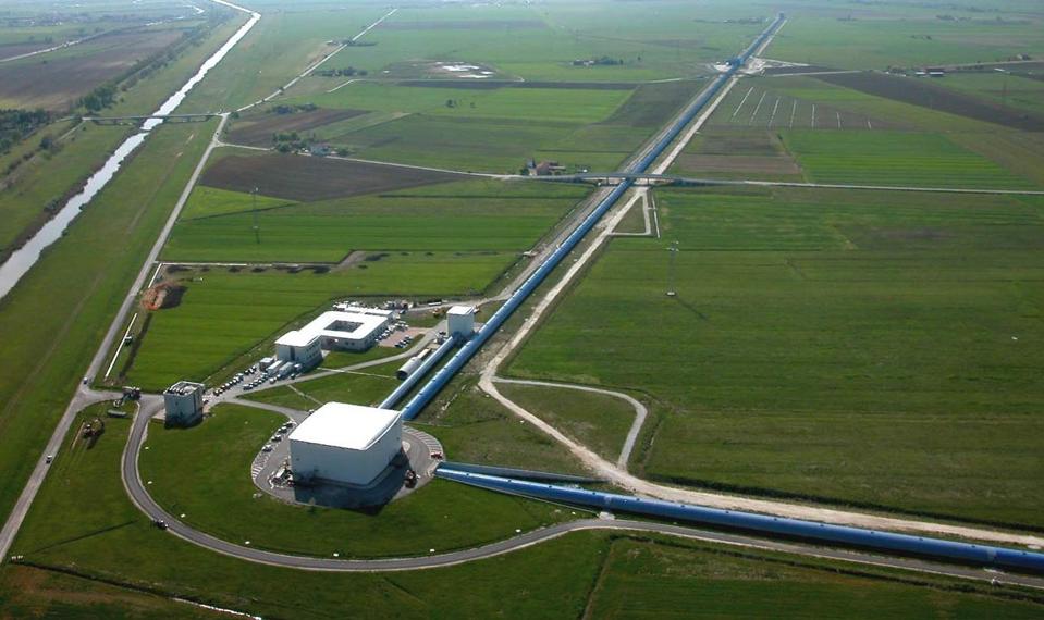 Aerial view of the Virgo gravitational-wave detector, situated at Cascina, near Pisa.