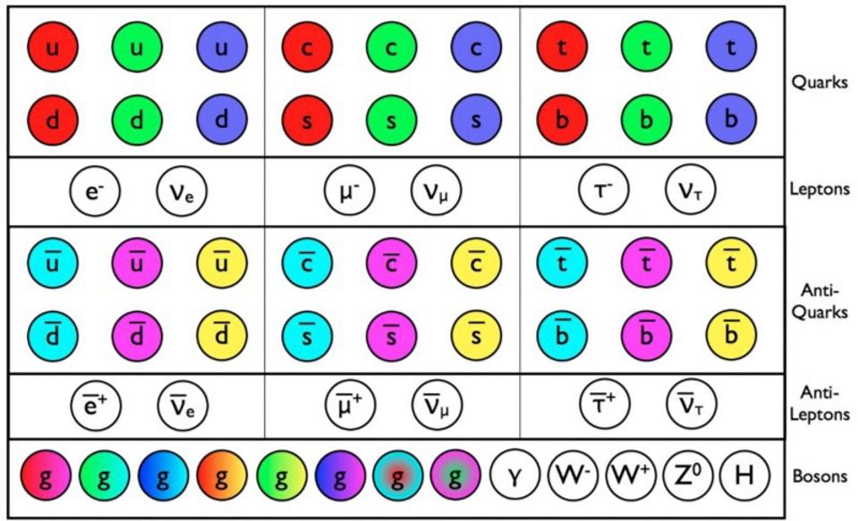 The particles and antiparticles of the Standard Model of particle physics.