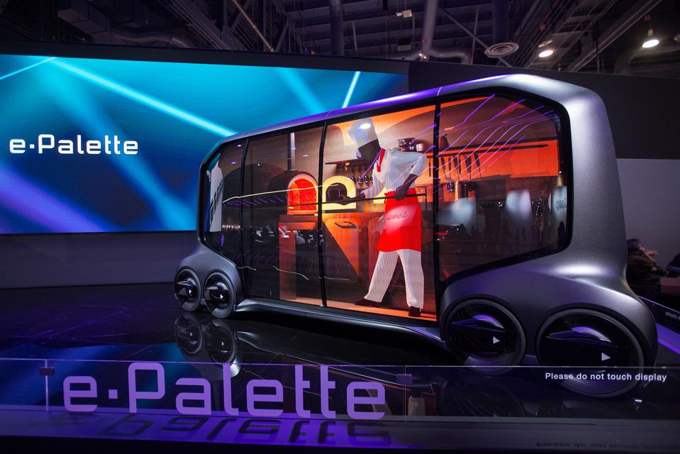 The Toyota e-pallet, an autonomous vehicle that was developed for use in several areas ile business purposes, such as. Driverless businesses, will be shown at CES in Las Vegas, Nevada on January 12, 2018.