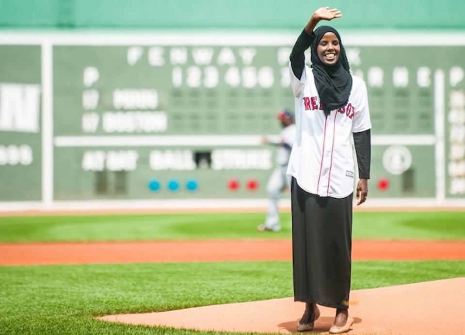 Somali-American college student, model and activist Hamdia Ahmed threw out the first pitch at a Boston Red Sox game in Fenway Park in July 2018.