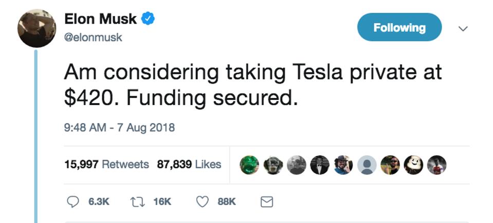 Tesla Shares Sink As Sec Seeks Musk S Removal Over Privatization Tweets
