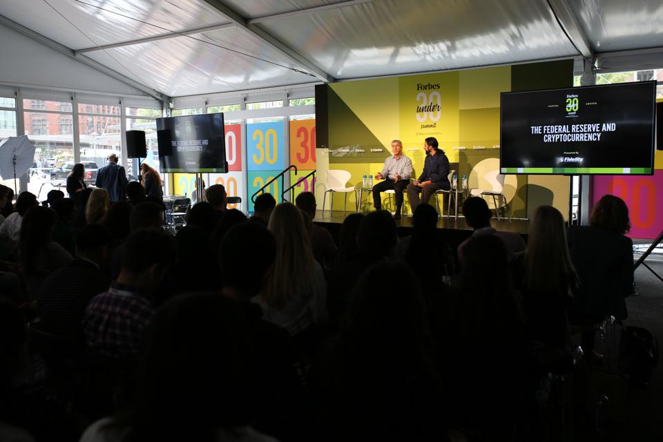 Federal Reserve Bank of Boston vice-president Jim Cunha on stage with Forbes reporter Michael del Castillo at the Forbes 30 Under 30 Summit in Boston. (October 1, 2018)
