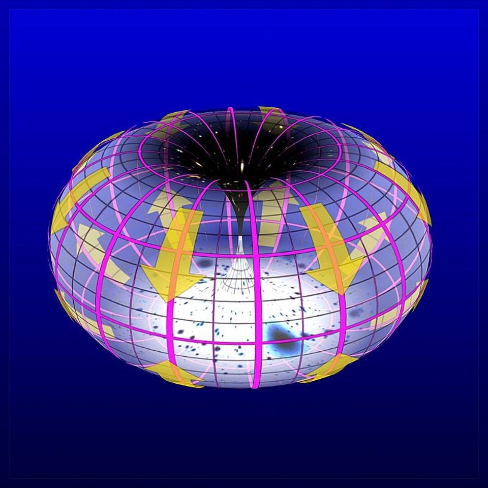 A visualization of a 3-torus model of space.