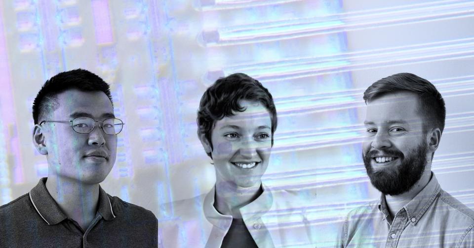 Ayar Labs cofounders (L-R) CTO Chen Sun, CEO Alex Wright-Gladstein, President Mark Wade superimposed over an image of its silicon optical I/O chiplet.