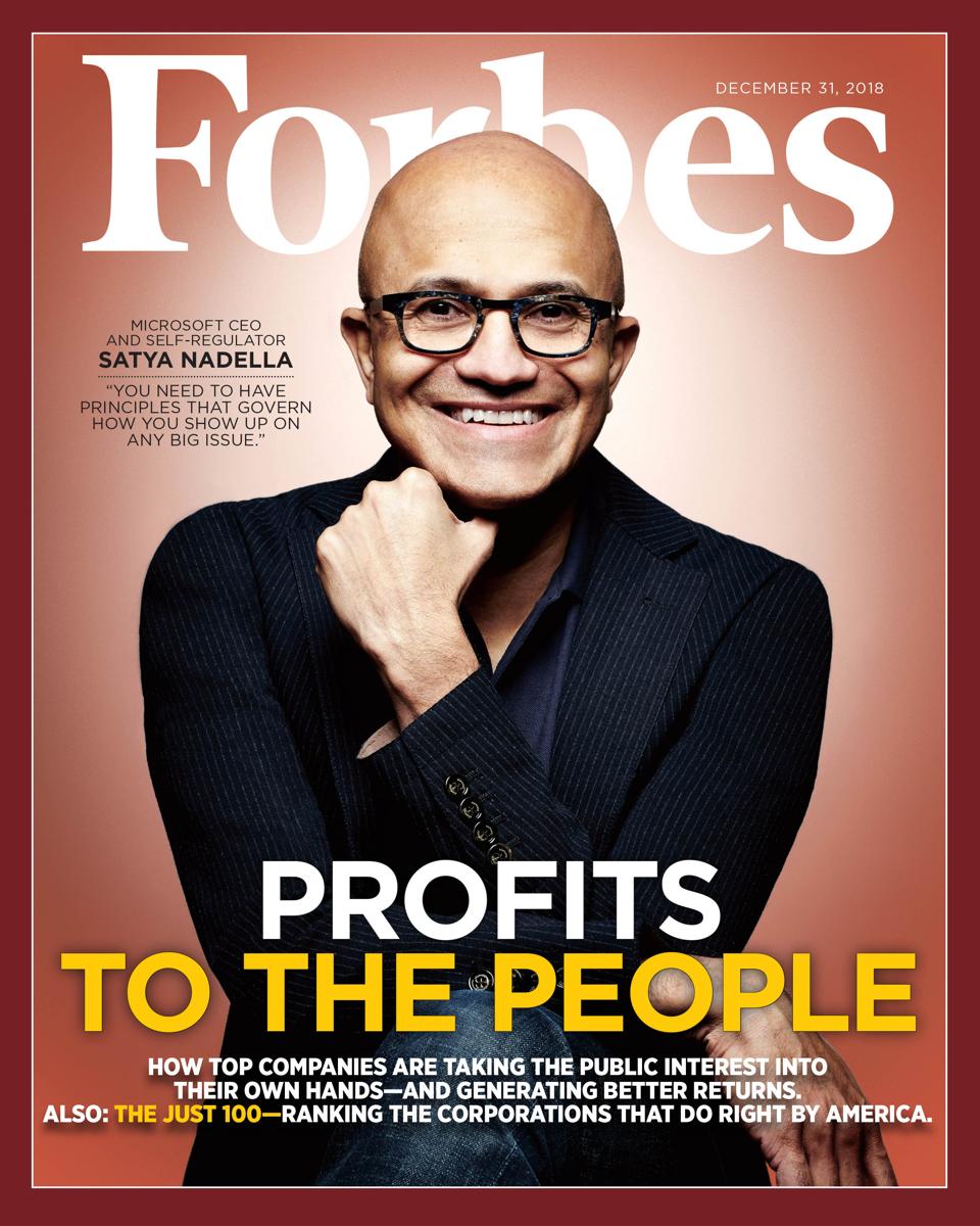 The December 31, 2018 issue of Forbes featuring Satya Nadella.