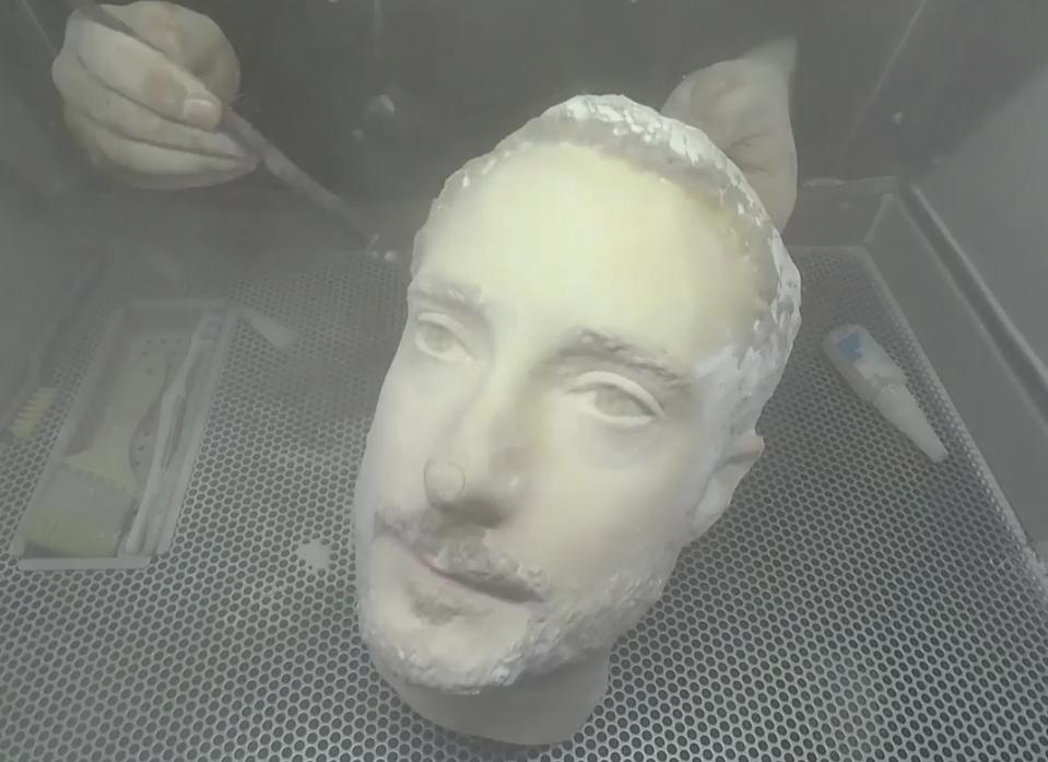 A 3D-printed head being made at the Backface studio in Birmingham, U.K.