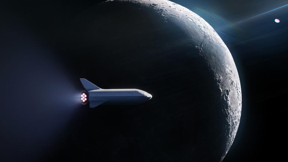 Concept art of a SpaceX rocket traveling around the Moon