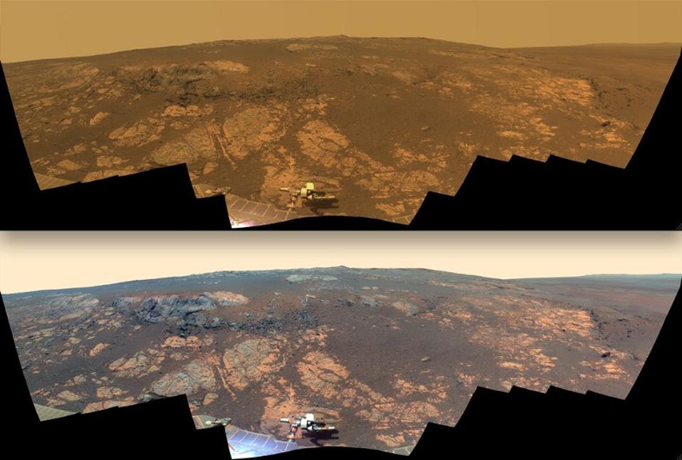 La stessa immagine panoramica composita di Marte, mostrata con due diverse assegnazioni di colore.