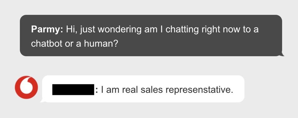 A conversation with a customer service agent on Vodafone's app.