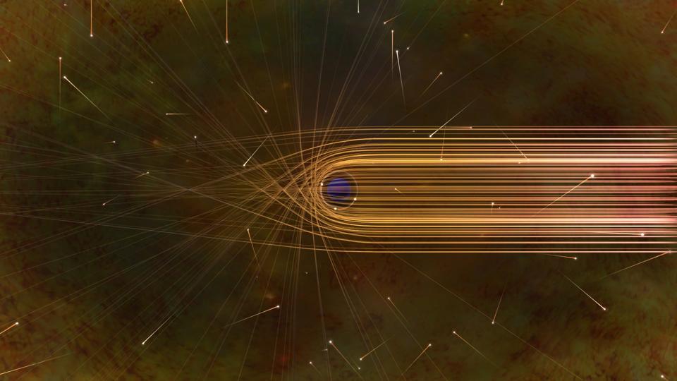 This artist’s impression depicts the paths of photons in the vicinity of a black hole.