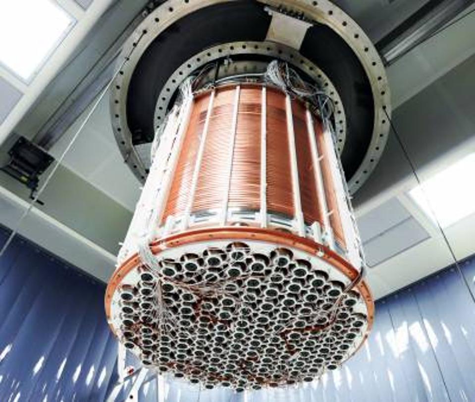 The XENON1T detector is shown here being installed underground in Italy's LNGS facility.