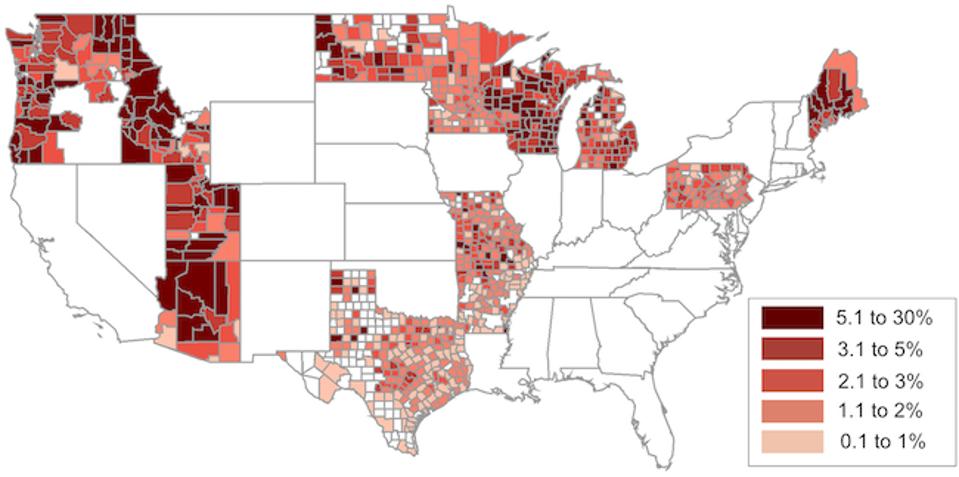 Este mapa mostra uma discriminação das taxas de vacinação por condado.