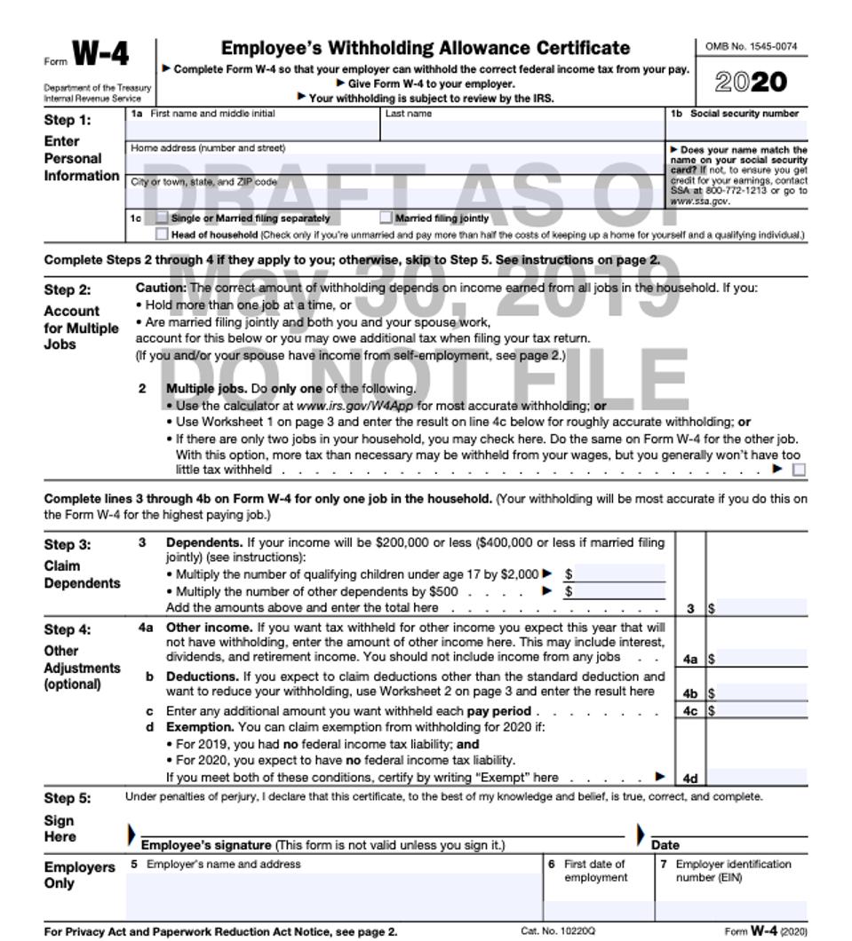 Irs Releases New Draft Form W 4 To Help Taxpayers Avoid