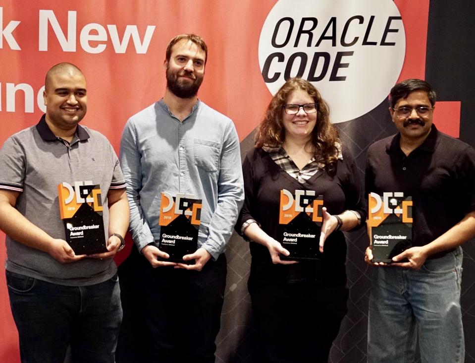 Honored with Groundbreaker Awards at Oracle Code in New York are, from left, Nebrass Lamouchi, Rafael Winterhalter, Carla De Bona, and Venkat Subramaniam.