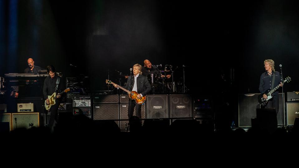 (Left to right) Paul Wickens, Rusty Anderson, Paul McCartney, Abe Laboriel, Jr. and Brian Ray perform during the