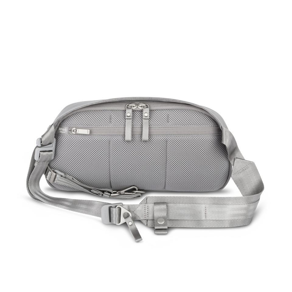 Gray bag with strap and zippers