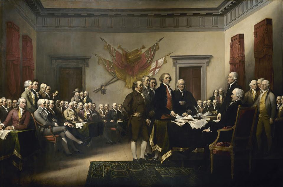 Painting of leaders presenting the Declaration of Independence.
