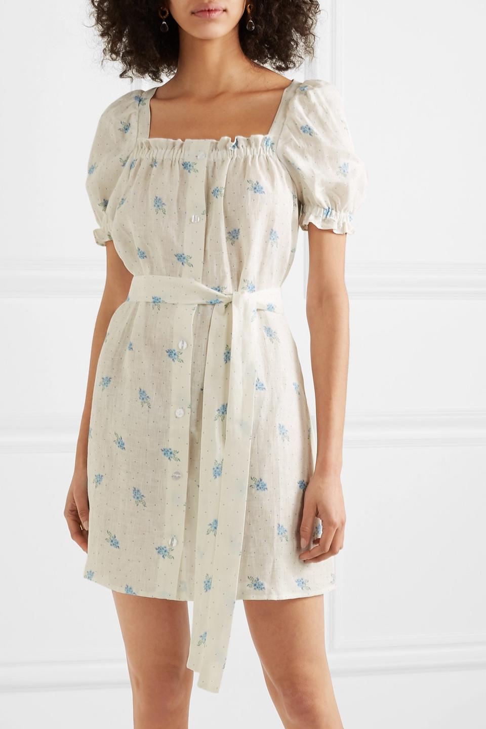 sleeper brigitte linen mini dress SLEEPER Brigitte Belted Printed Linen-Voile Mini Dress