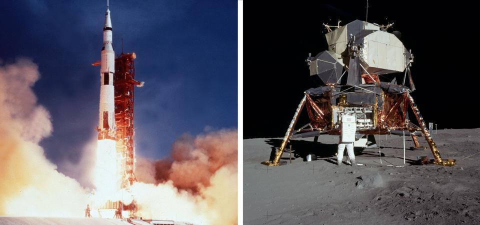 Apollo 11 launch; Lunar Module on the moon