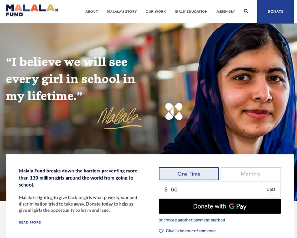 Trang chủ của Malala.org bao gồm Tiện ích đơn giản, được tạo gần đây bởi Give Lively.
