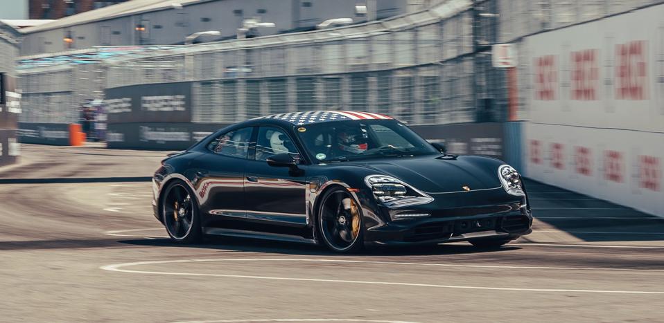 Porsche factory and Formula E driver Neel Jani is impressed by the performance of the Taycan on the racetrack in Brooklyn