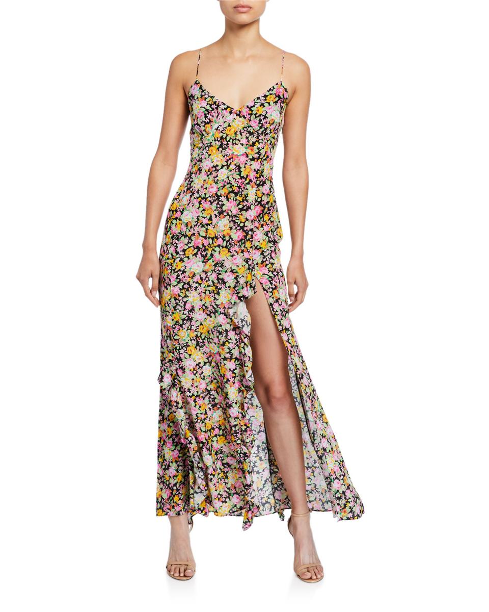 Les Reveries Ruffle Floral-Print Picnic Long Slip Dress