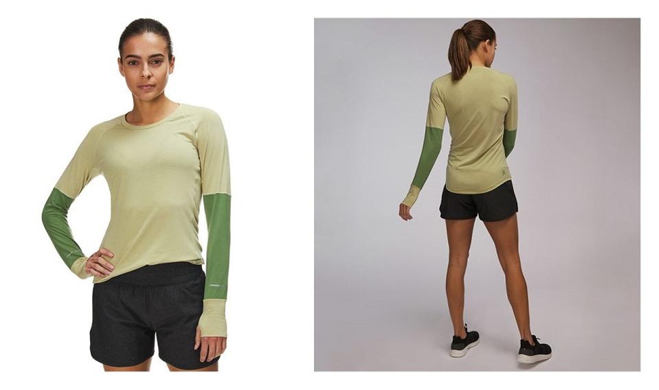 Backcountry La Sal Long-Sleeve Active T-Shirt on woman, front & back, in yellow with green sleeves