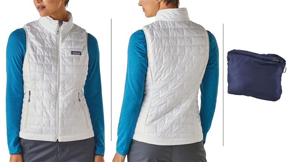 Patagonia Nano Puff Vest, on model in white, and in stuff sack in blue
