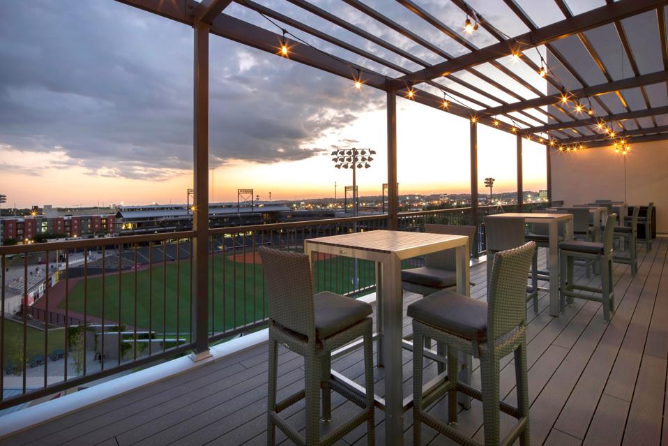 Students' outdoor room has priceless stadium view.
