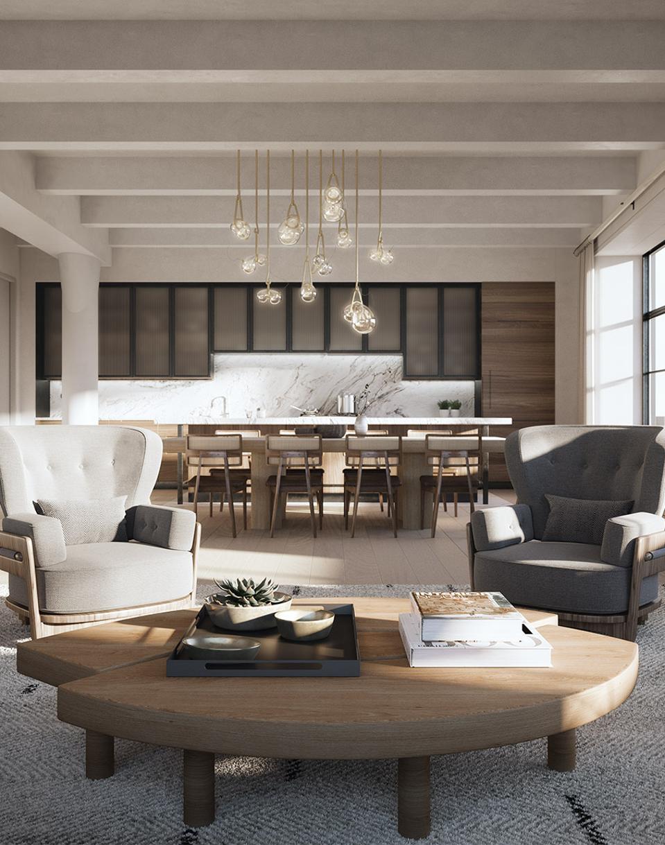 A living room and open kitchen.