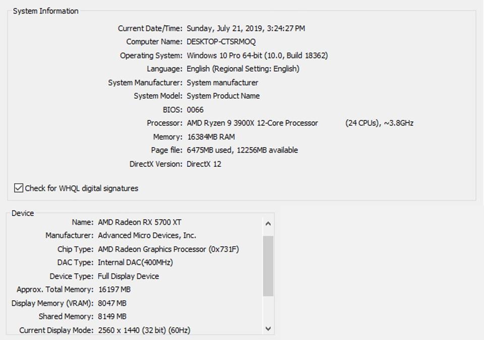 An AMD Ryzen 3900X processor with a Radeon RX 5700 XT GPU and 16 GB of memory