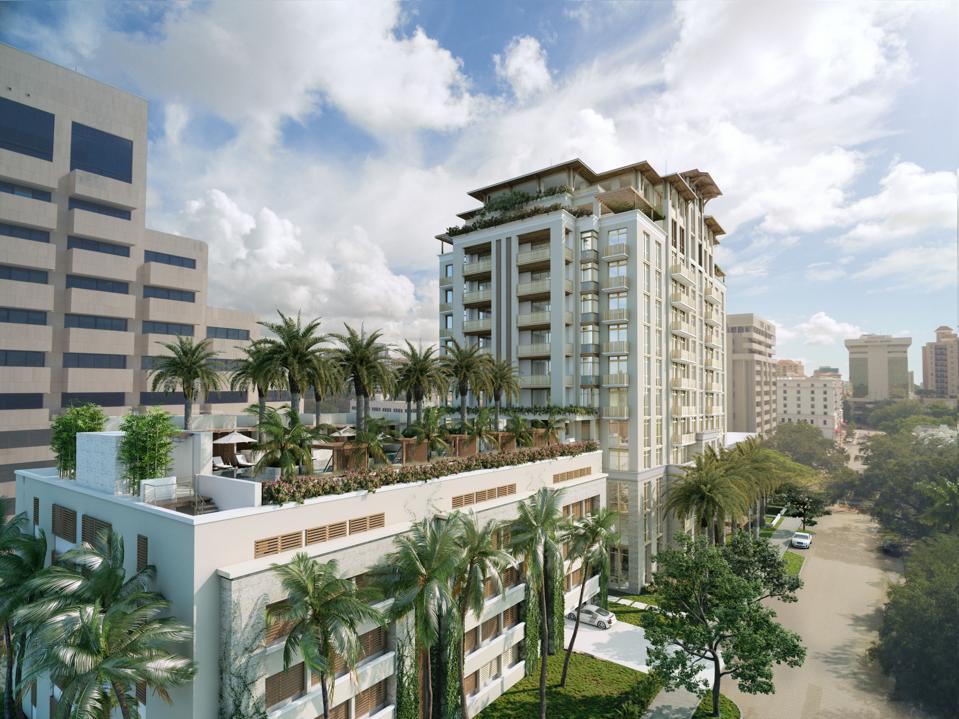 Luxury high rise with a rooftop pool.