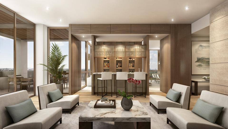 Penthouse bar area and living room in an open floor plan.