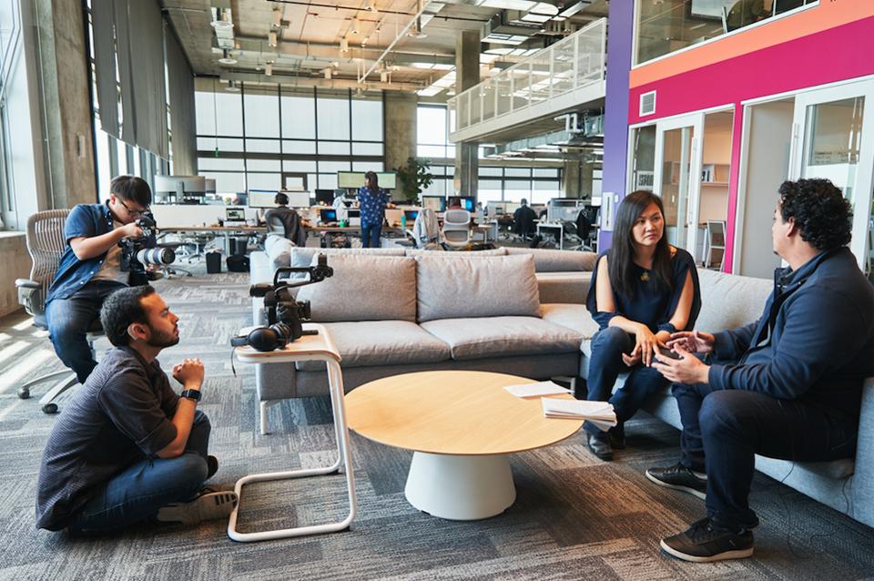 Michelle Cho interviews Jorge Torres, Dentsu Aegis Network, for a Gladeo video with Gladeo League members Lucas Talbot and Connor Bahng