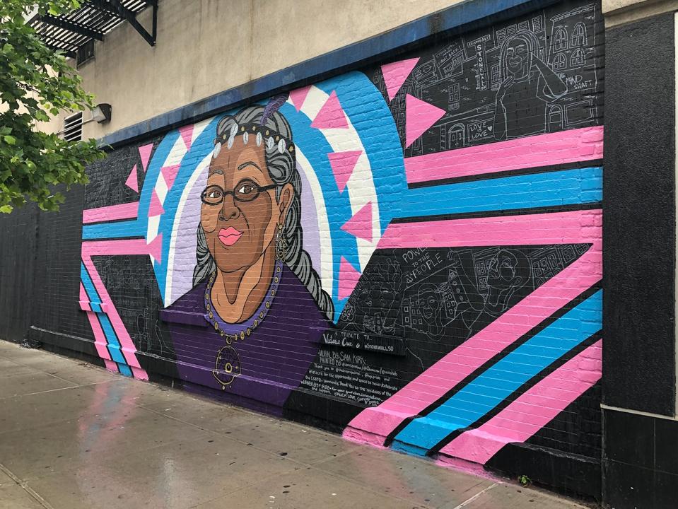 This 2019 mural, painted by Sam Kirk and located in New York City, is a tribute to now 72-year-old Puerto Rican transgender rights activist Victoria Cruz. It was created for NYC Pride.