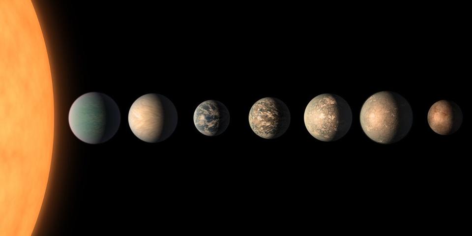This artist's concept shows what the TRAPPIST-1 planetary system may look like, based on available data about the planets' diameters, masses and distances from the host star, as of February 2018. 3 of the 7 exoplanets are in the âhabitable zoneâ, where liquid water is possible.