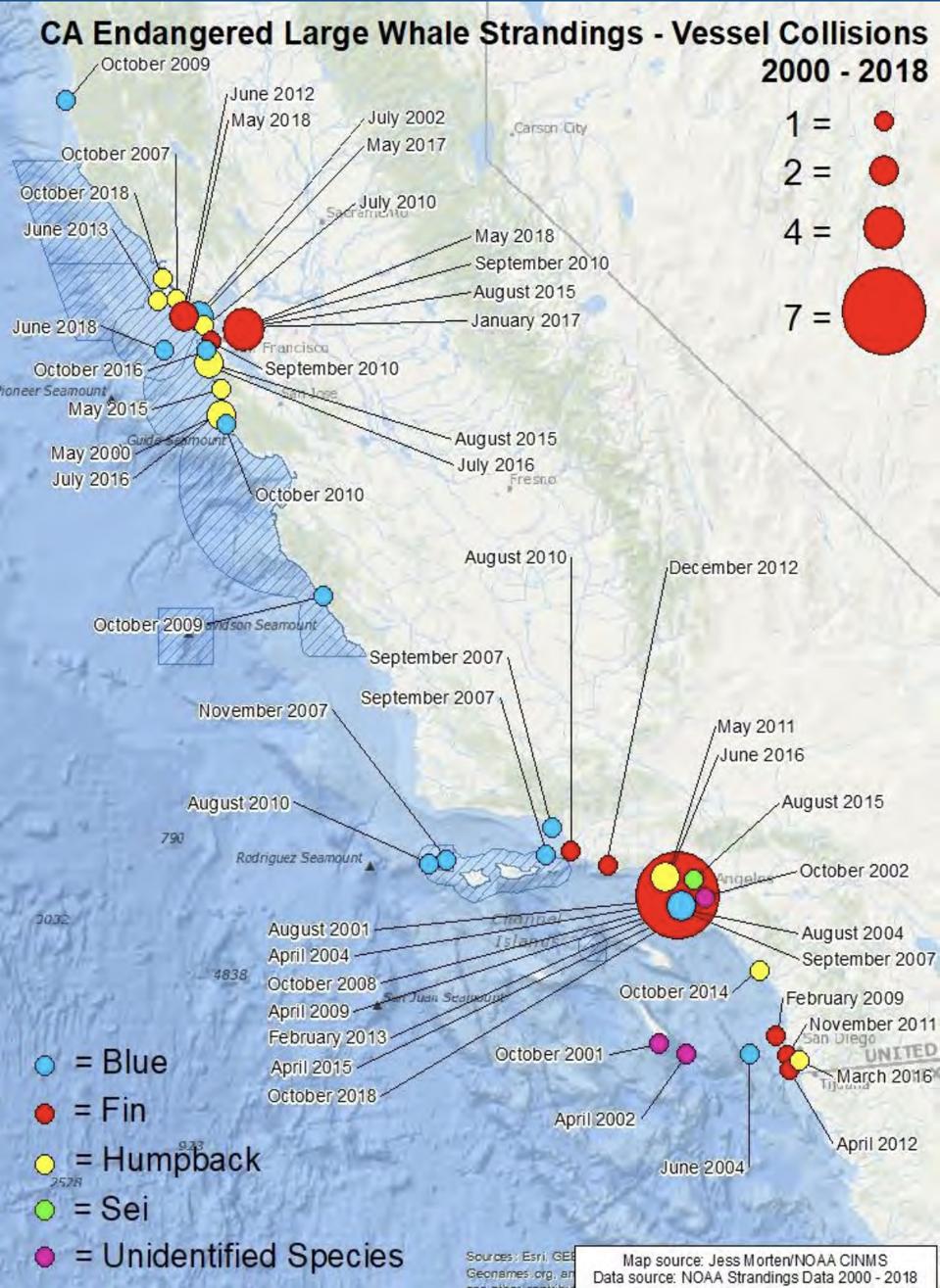Map of endangered whale strandings caused by vessel collisions between 2000 and 2018 along the California coast.
