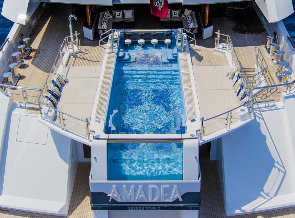 This exclusive photo of the 30-foot-long pool aboard AMAEDA only begins to show just how opulent it is.