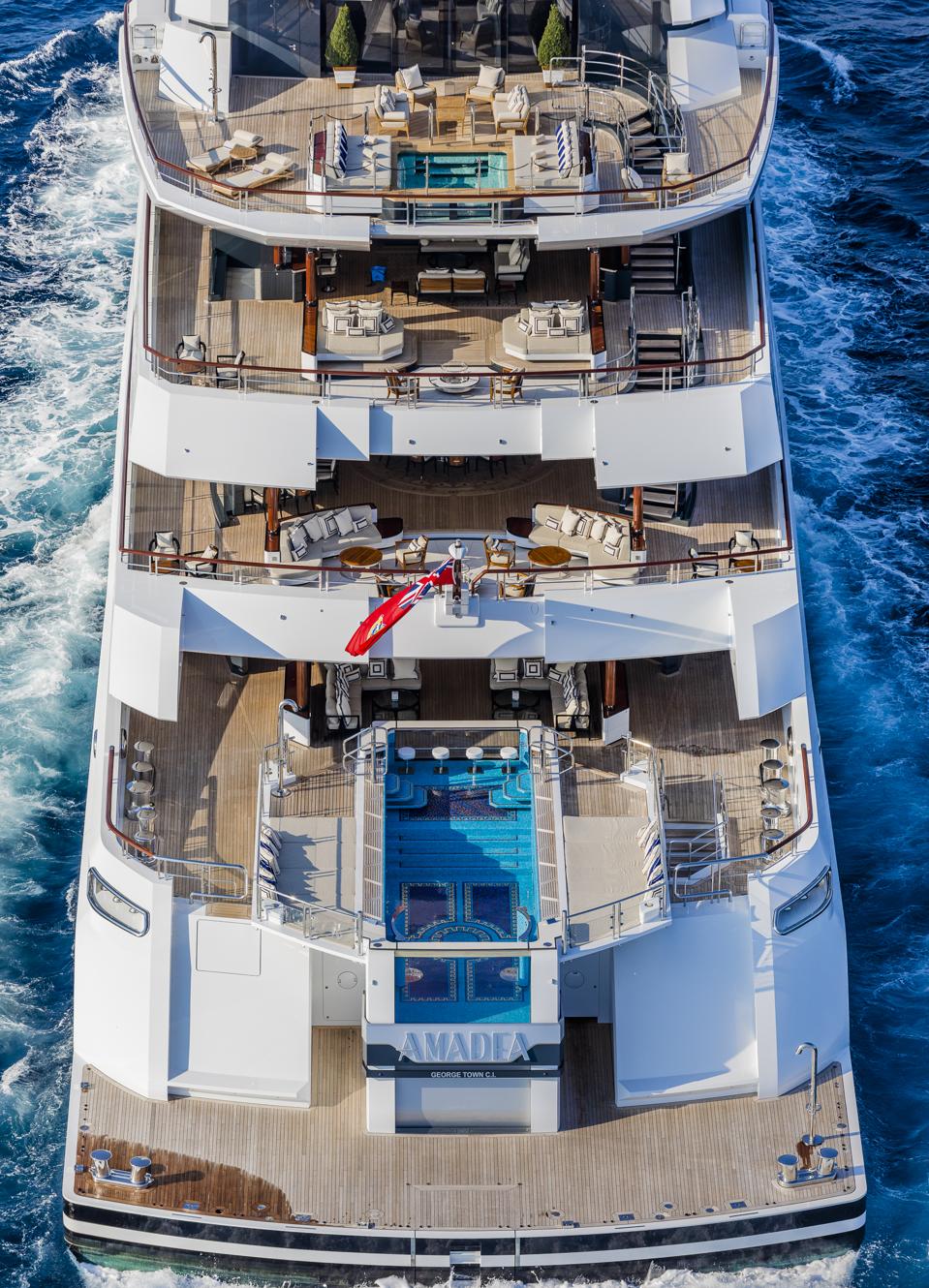 This exclusive photo shows opulence that a 6-deck-tall, 248-foot long superyacht provides.