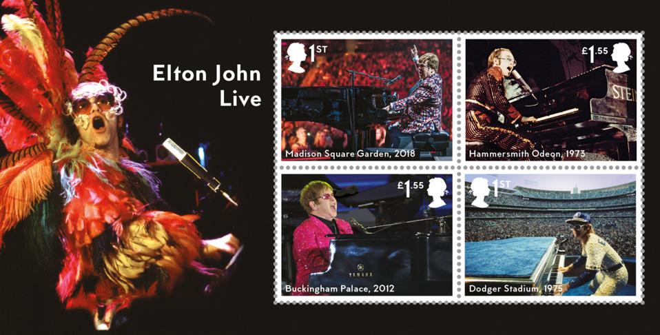 A miniature sheet of four stamps released by Royal Mail on September 3, ,2019 honors Elton John in performance.