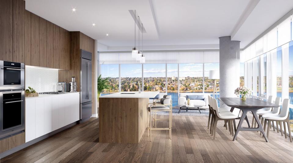 open kitchen with large windows overlooking Sloan's Lake in Denver.