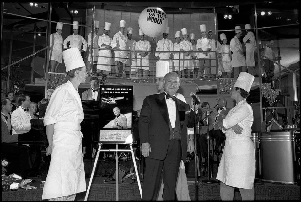 Restaurateur Joe Baum makes a speech at his newly renovated Windows on the World on September 10, 1995.