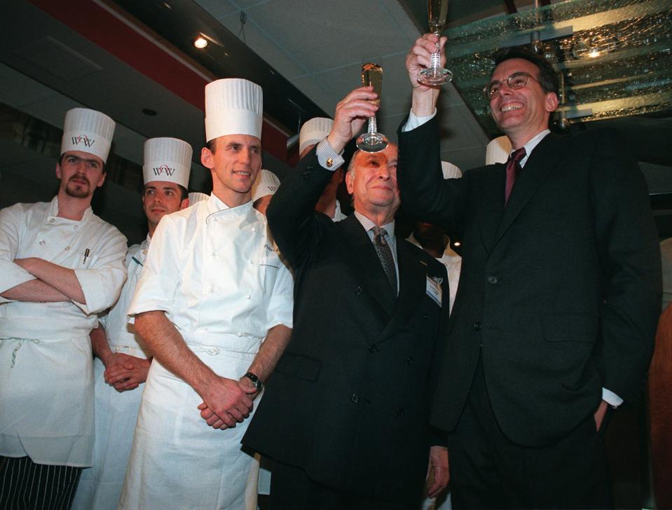 Joseph Baum and his partner David Emil toast the reopening of Windows on the World atop Tower 1 of the World Trade Center in New York in June 1996, following a $25 million makeover.