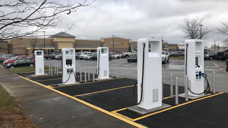 Electric-car charging station in Clarksville, IN.