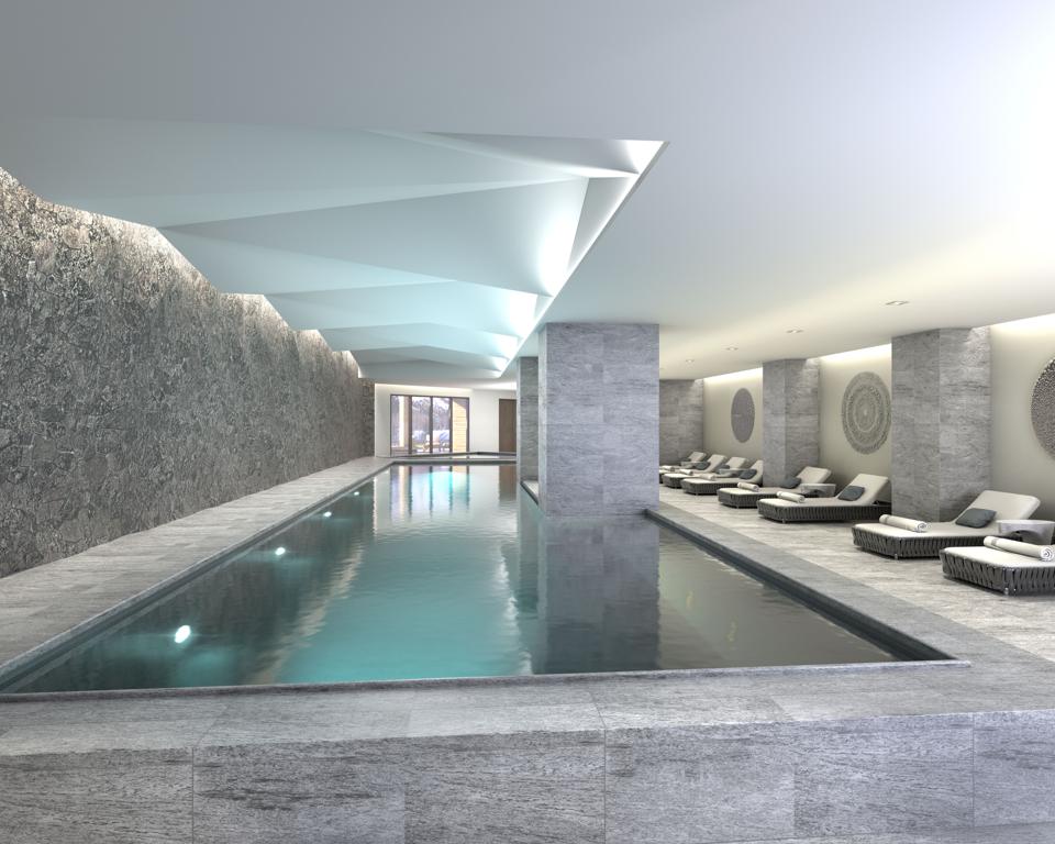 The signature Spa Montage offers a variety of year-round services to help promote wellness, self-care, and relaxation. The serene sanctuary of the spa offers a perfect complement to the beauty of the mountain landscape. Seen here is the spa's lap pool.