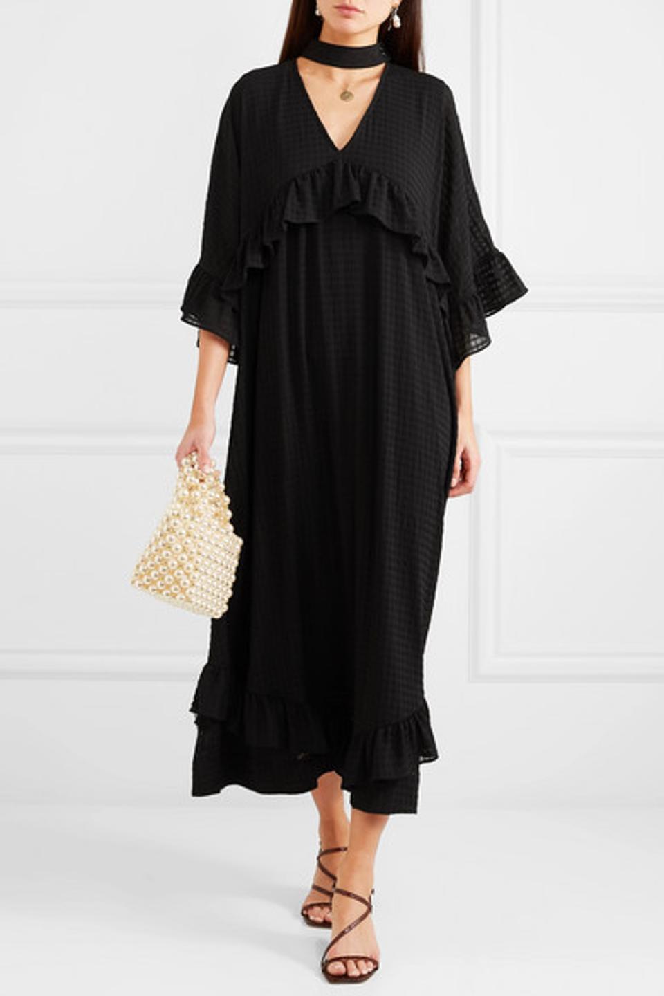 Ganni Ruffled Seersucker Midi Dress