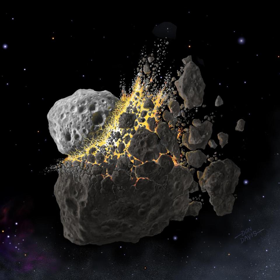 This is an illustration of a giant collision of asteroids in space that produced the dust that led to Earth's glacier.