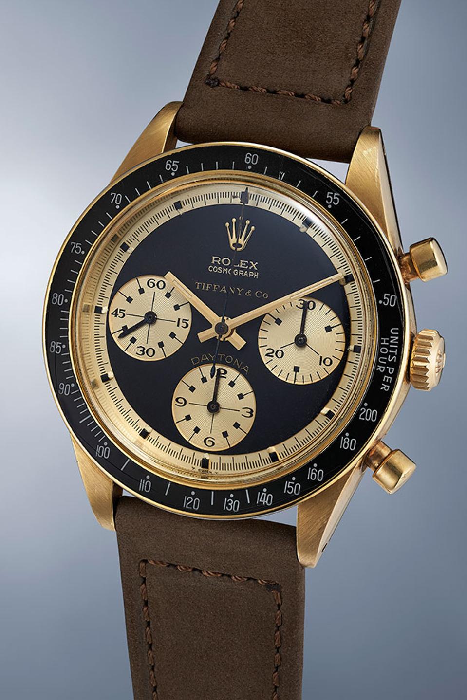 A 14k yellow gold Rolex Daytona Reference 6241 with a John Player Special Paul Newman dial, made circa 1969 and retailed by Tiffany & Co.
